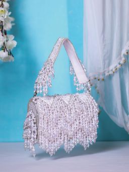 SWISNI - White Crystal Embroidered Flap Clutch