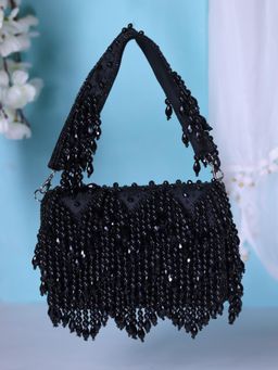 SWISNI - Black Pearl Crystal Embroidered Flap Clutch Bag