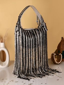 SWISNI - Black & Silver Luxury Tassel Latkan Clutch Bag
