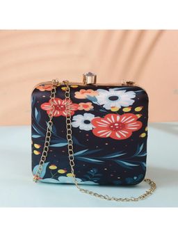 SWISNI - Black Sober Flower Printed Square Box Clutch Bag