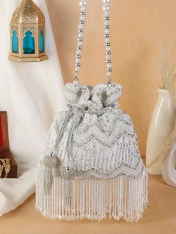 SWISNI - Womens White Embroidered Potli Bag