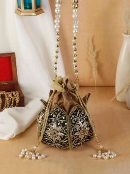 SWISNI - Womens Black Embroidered Potli Bag