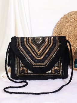SWISNI - Womens Black Embroidered Boho Sling Bag