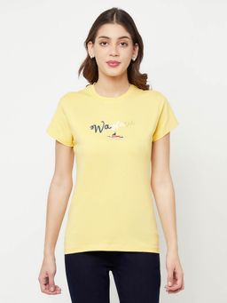 CRIMSOUNE CLUB - Women Yellow Printed Round Neck T-Shirt