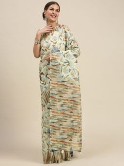 Sangam Prints - Off White Cotton Blend Printed Traditional Tassle Saree with Unstitched Blouse