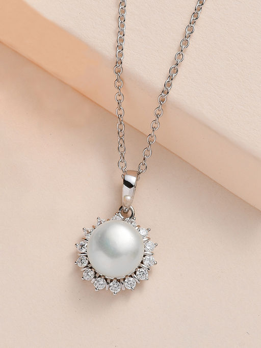 Ornate Jewels 925 Silver 8 MM Pearl Pendant With Chain for Women & Girls (One Size)