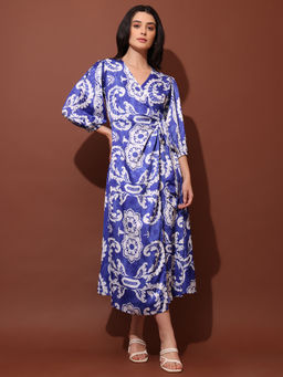 PURVAJA - Printed Wrap Blue Dress