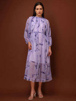 PURVAJA - Printed Ruffled Purple Dress