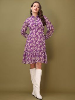 PURVAJA - Printed Fit and Flared Purple Dress