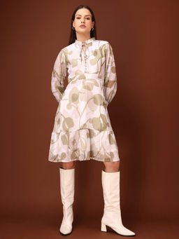 PURVAJA - Printed Fit and Flared White Dress