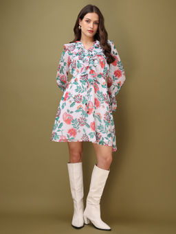 PURVAJA - Printed Ruffled White Dress