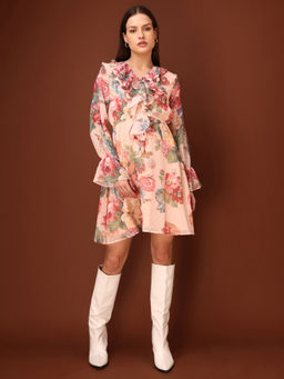 PURVAJA - Printed Ruffled Beige Dress