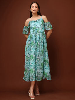 PURVAJA - Printed Maxi Turquoise Dress