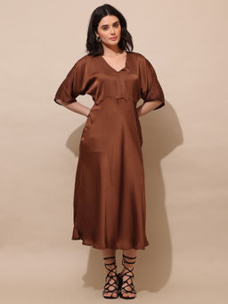PURVAJA - Solid Fit and Flared Brown Dress
