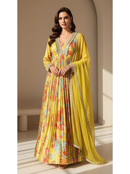 Basanti Kapde aur Koffee - Green Georgette Embellished Anarkali Dress with Dupatta