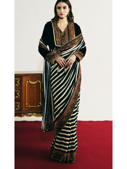 Basanti Kapde aur Koffee - Black Velvet Embroidered Saree With Stitched Blouse