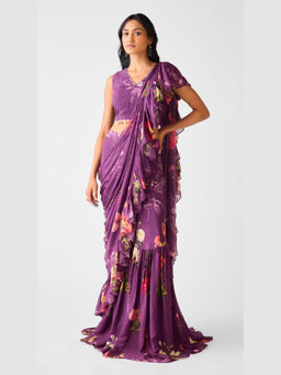Basanti Kapde aur Koffee - Purple Embroidered Chinon Floral Draped Saree with Stitched Blouse