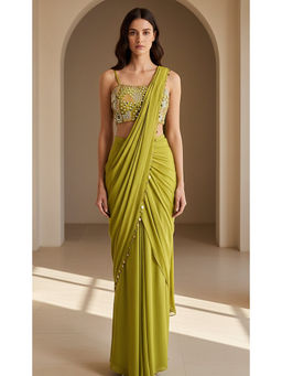 Basanti Kapde aur Koffee - Green Chinon Embroidered Draped Saree With Stitched Blouse