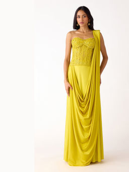 Basanti Kapde aur Koffee - Lime Lycra Embroidered Draped Saree with Stitched Blouse