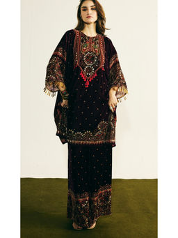 Basanti Kapde aur Koffee - Wine Velvet Embroidered Kurta with Pant