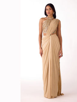 Basanti Kapde aur Koffee - Gold Silk Embroidered Draped Saree with Stitched Blouse