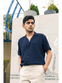 JAVINISHKA - Navy Blue Linen Regular Fit Casual Shirt