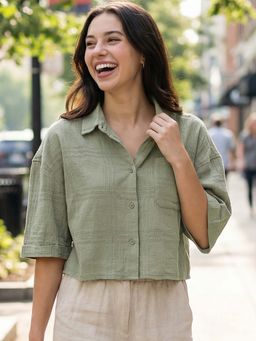 Bewakoof - Women's Olive Textured Oversized Crop Shirt