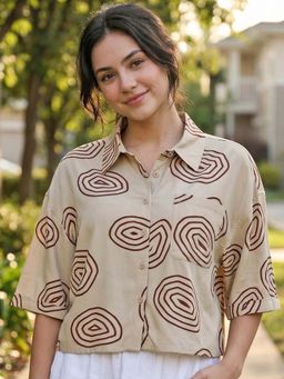 Bewakoof - Women's Beige All Over Printed Oversized Crop Shirt