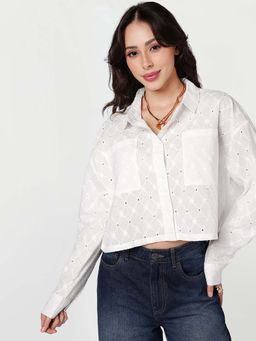 Bewakoof - Women's White Embroidered Oversized Crop Shirt