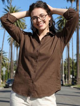 Bewakoof - Women's Brown Oversized Cotton Linen Shirt