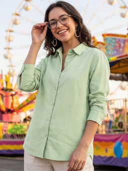 Bewakoof - Women's Light Green Oversized Cotton Linen Shirt