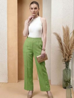 AAREIN - Green Linen Solid Pintucks Formal Trousers