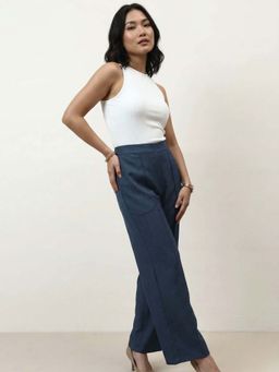 AAREIN - Navy Blue Linen Solid Pintucks Trouser