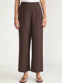 Femmella - Coffee Brown Cotton Linen Straight Trousers