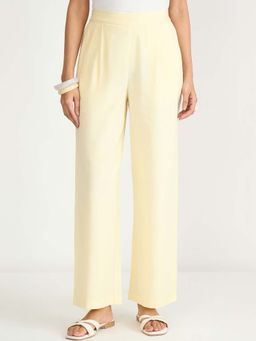 Femmella - Butter Yellow Cotton Linen Straight Casual Trousers