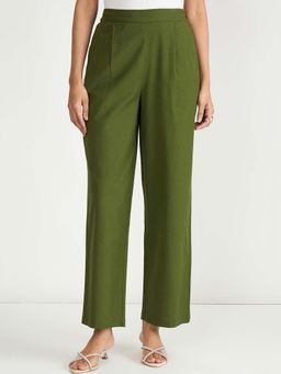 Femmella - Olive Cotton Linen Straight Casual Trousers