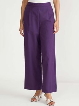 Femmella - Deep Purple Cotton Linen Straight Trousers