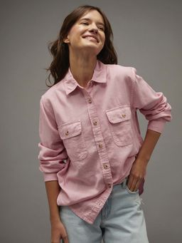 American Eagle - AE Linen-Blend Button-Up Pink Shirt