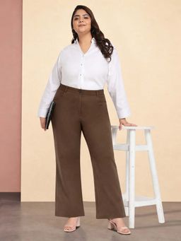 Martini - Women Brown Plus Size Straight Extra Stretch Formal Trousers