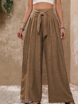 Outzidr - Brown Wide Leg Textured Trousers with Tie Up Detail