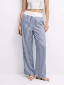 Outzidr - Blue Contrast Waist Band Striped casual Trousers