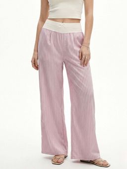 Outzidr - Pink Contrast Waist Band Striped Pant