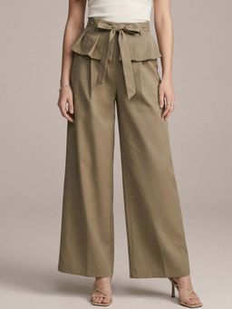 Outzidr - Khaki High Waist Trouser with Belt Skirt Detail