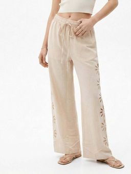 Outzidr - Beige Floral Cut-Out Pant
