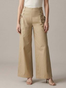 Outzidr - Beige High Waist Side Tie Wide Leg Trousers