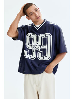 H&M - Men Blue Loose Fit Printed Mesh T-Shirt
