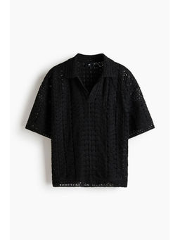 H&M - Men Black Relaxed Fit Crochet-Look Polo Shirt