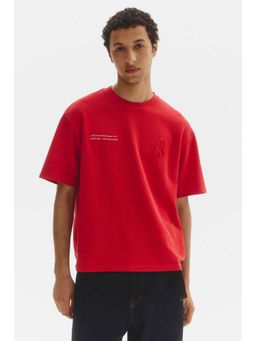 H&M - Men Red Relaxed Fit Motif-Detail Cotton T-Shirt