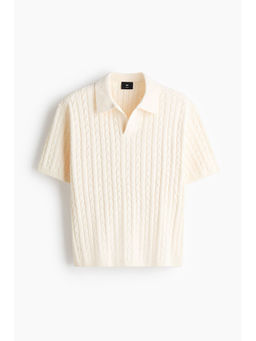 H&M - Men White Relaxed Fit Cable-Knit Polo Shirt