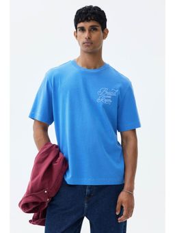 H&M - Men Blue Regular Fit Embroidered-Motif T-Shirt